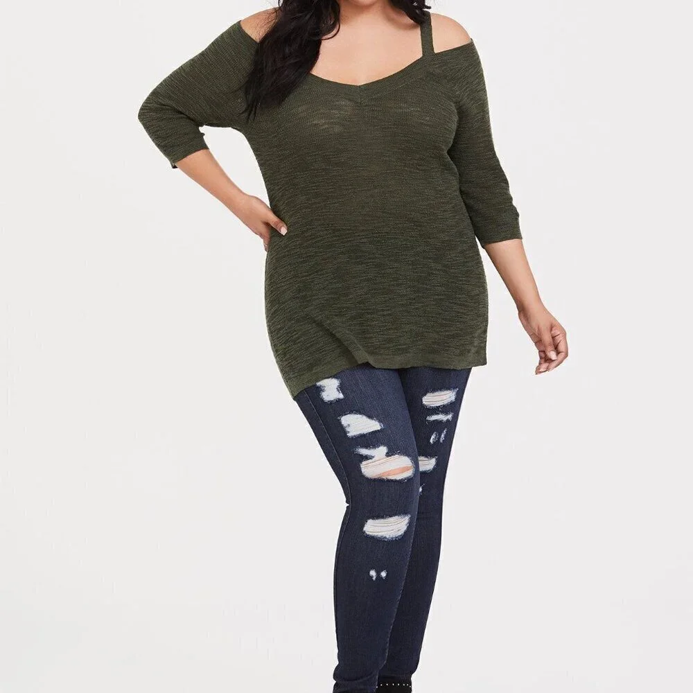 Torrid Slub Pullover Tunic V-Neck Cold Shoulder Sweater Fall 2x NWT NEW olive - Picture 3 of 11